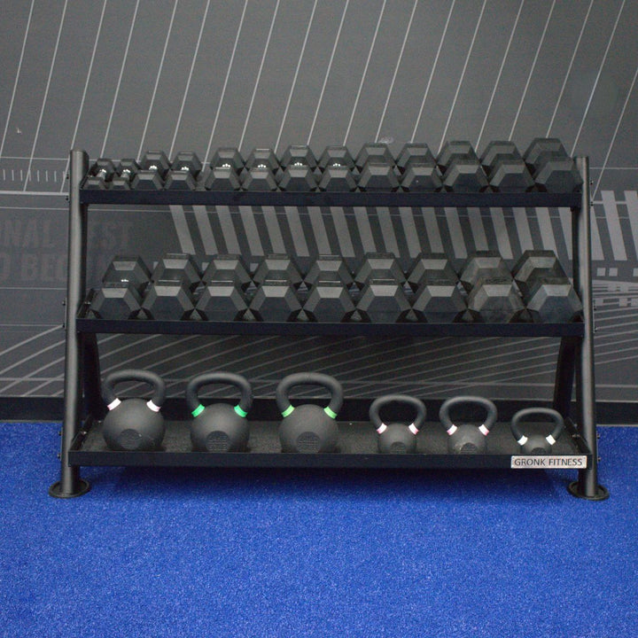 Gronk 3 Tier Flat Tray Dumbbell / Kettlebell Rack ( Fits 5-75lb DB set) Gronk Fitness Products Dumbell racks, power block stand, plate and bar storage, kettlebell racks, ball racks 6_720x_5daea5d6-7b73-4dbe-b60a-8d2454cd4787