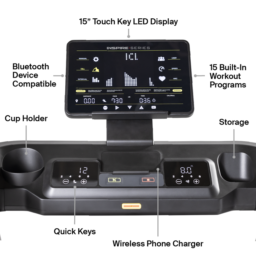 Inspire Series T5 Treadmill with 15 inch LED Display Inspire Treadmills under 350lbs Centr-T5-TabletHolder-1200x1200