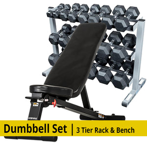 Full Dumbbell Pairs to 50 lbs set with bench and rack